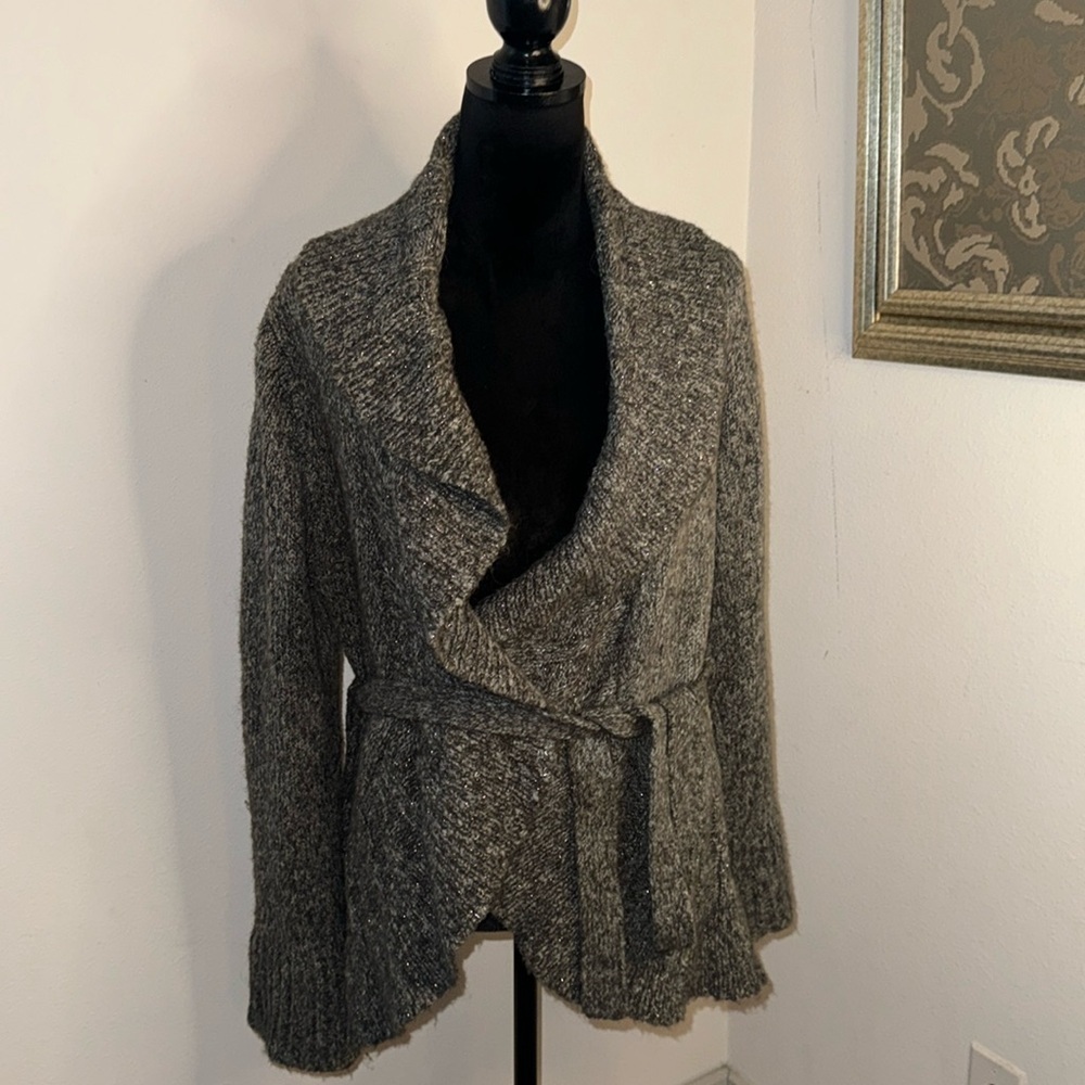 Chárter Club open cascade front belted metallic thread cardigan sweater sz L
